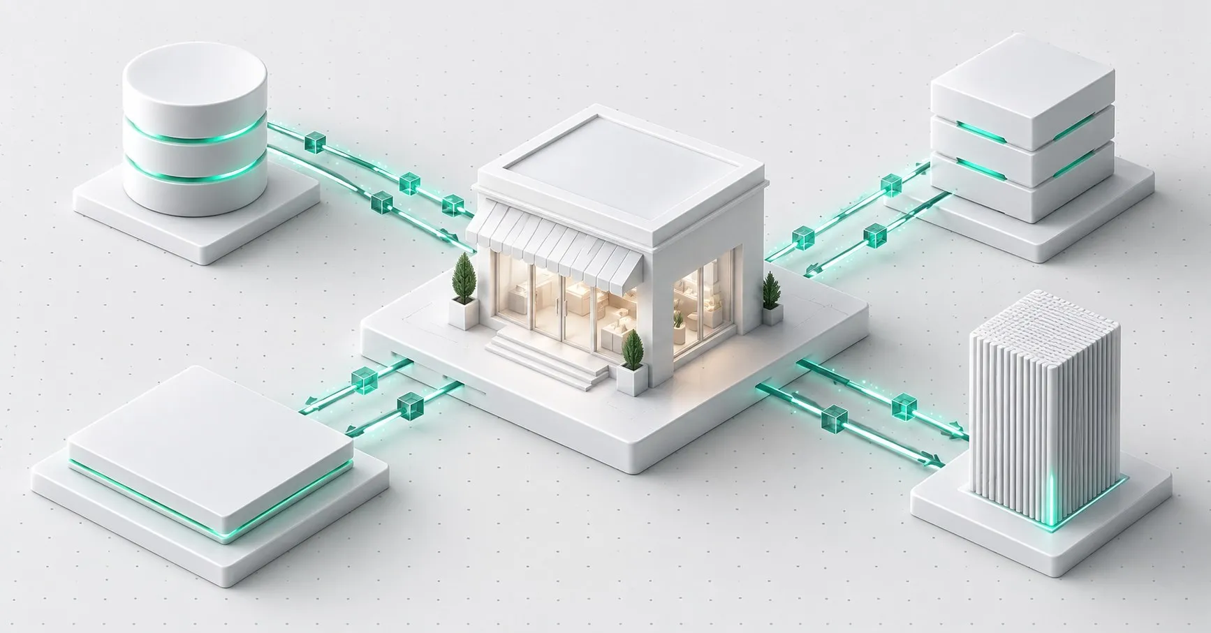 Isometrische Grafik: ein Shop im Zentrum, verbunden mit Datenbank, ERP und weiteren Systemen