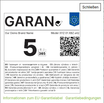 GARAN-Label auf der Produktseite mit Marke, Modellkennung und Garantiedauer in der amtlichen Vorlage