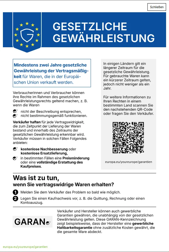 Geschachtelte Anzeige: Der Dialog zeigt das vollständige Gewährleistungslabel mit QR-Code