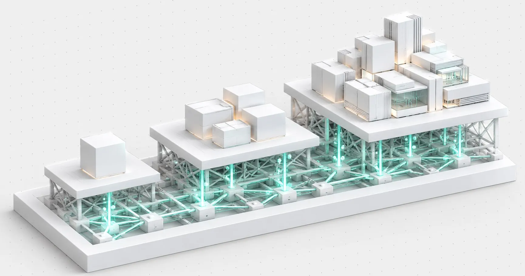 Isometrische Grafik: drei unterschiedlich ausgebaute Strukturen auf einem gemeinsamen Fundament