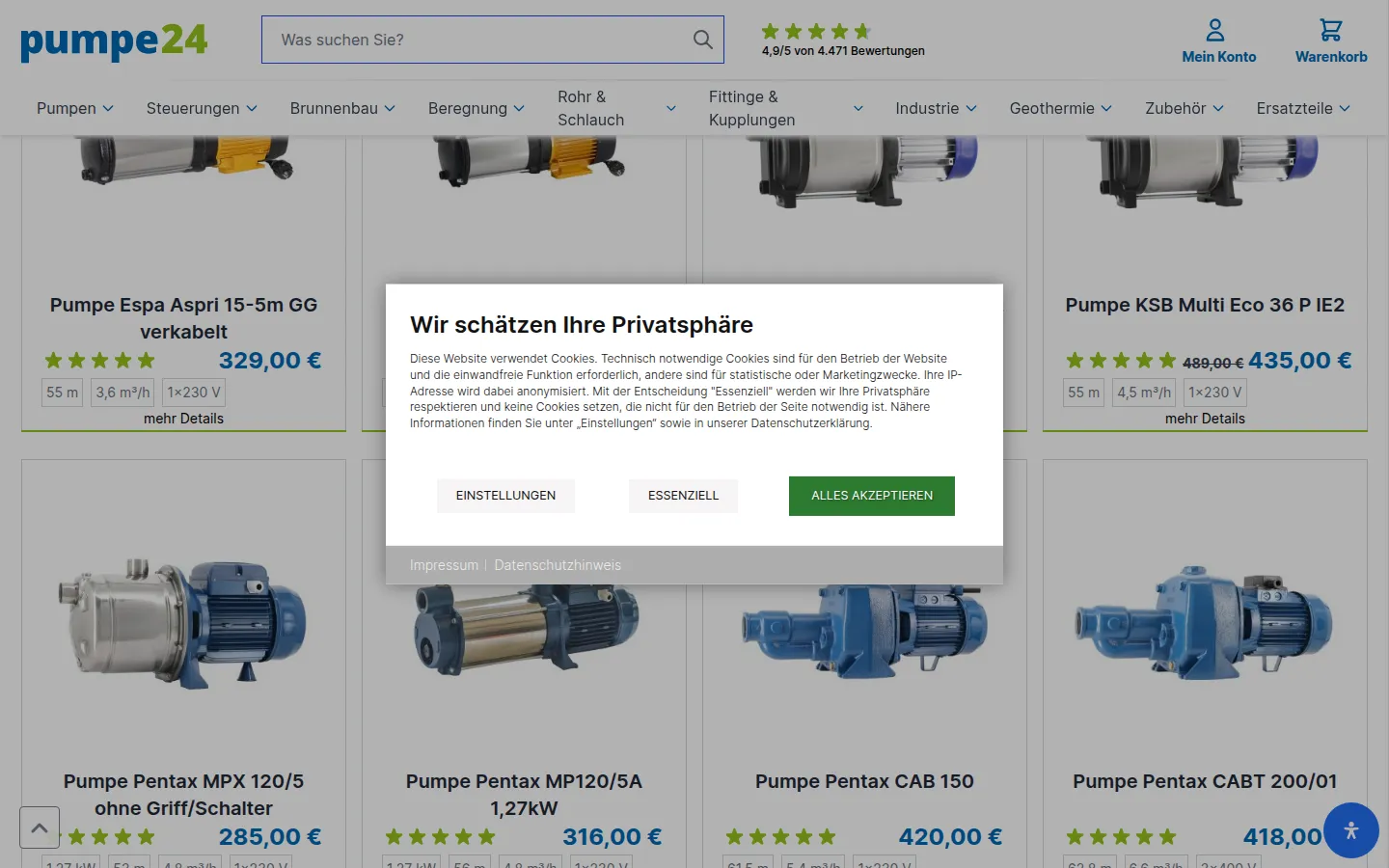 Kategorieseite Gartenpumpen auf pumpe24.de mit Filter und Produktraster