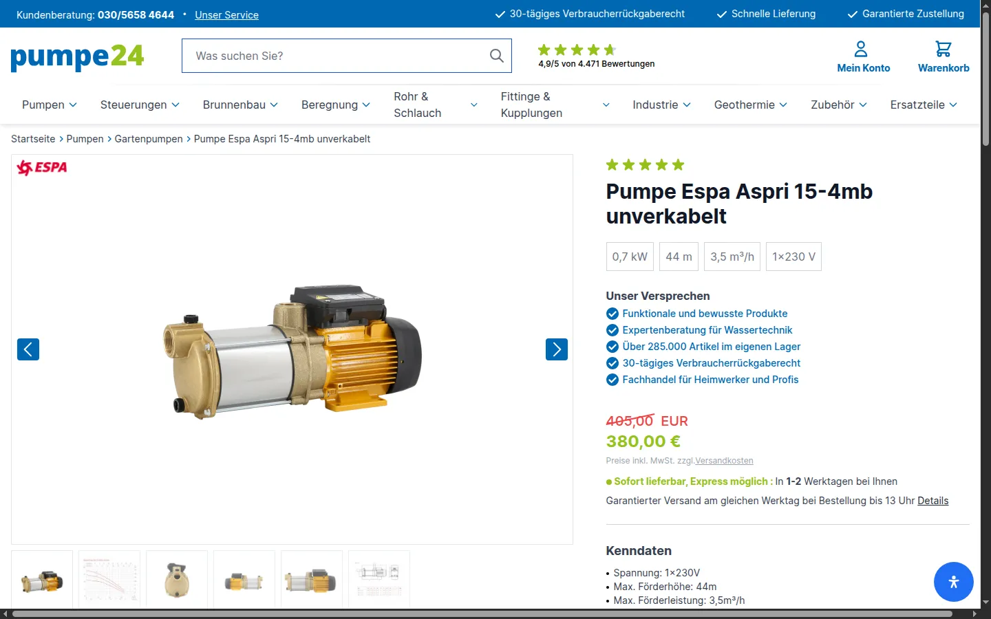 Produktseite einer Espa-Pumpe auf pumpe24.de mit Kenndaten, Preis, Lieferstatus und Bildergalerie