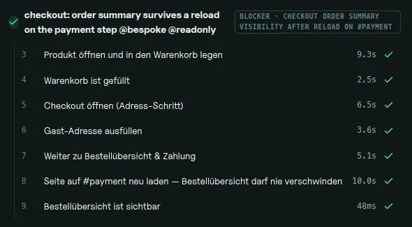Prüfbericht: Checkout-Test mit allen Schritten vom Warenkorb bis zur Bestellübersicht bestanden