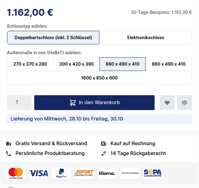 Auswahl von Schlosstyp und Außenmaßen mit Liefertermin auf der Produktseite