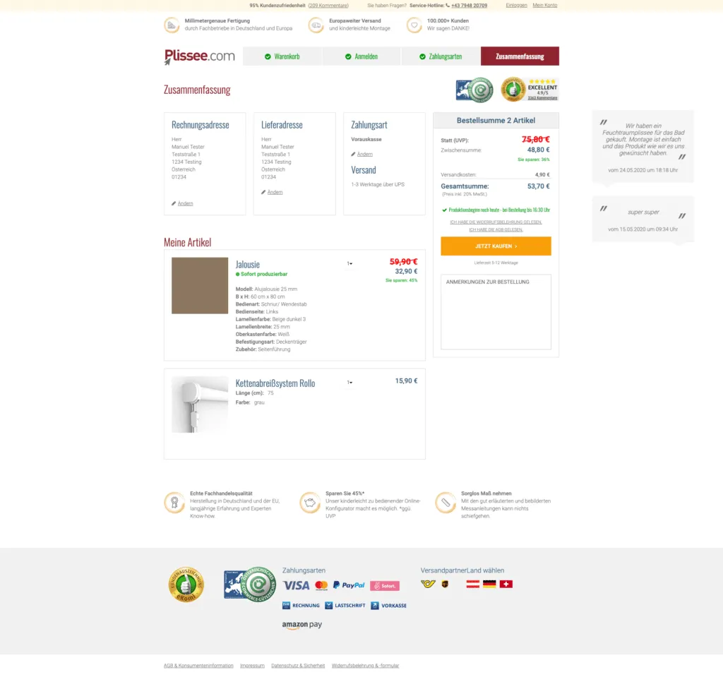 Plissee.com Checkout