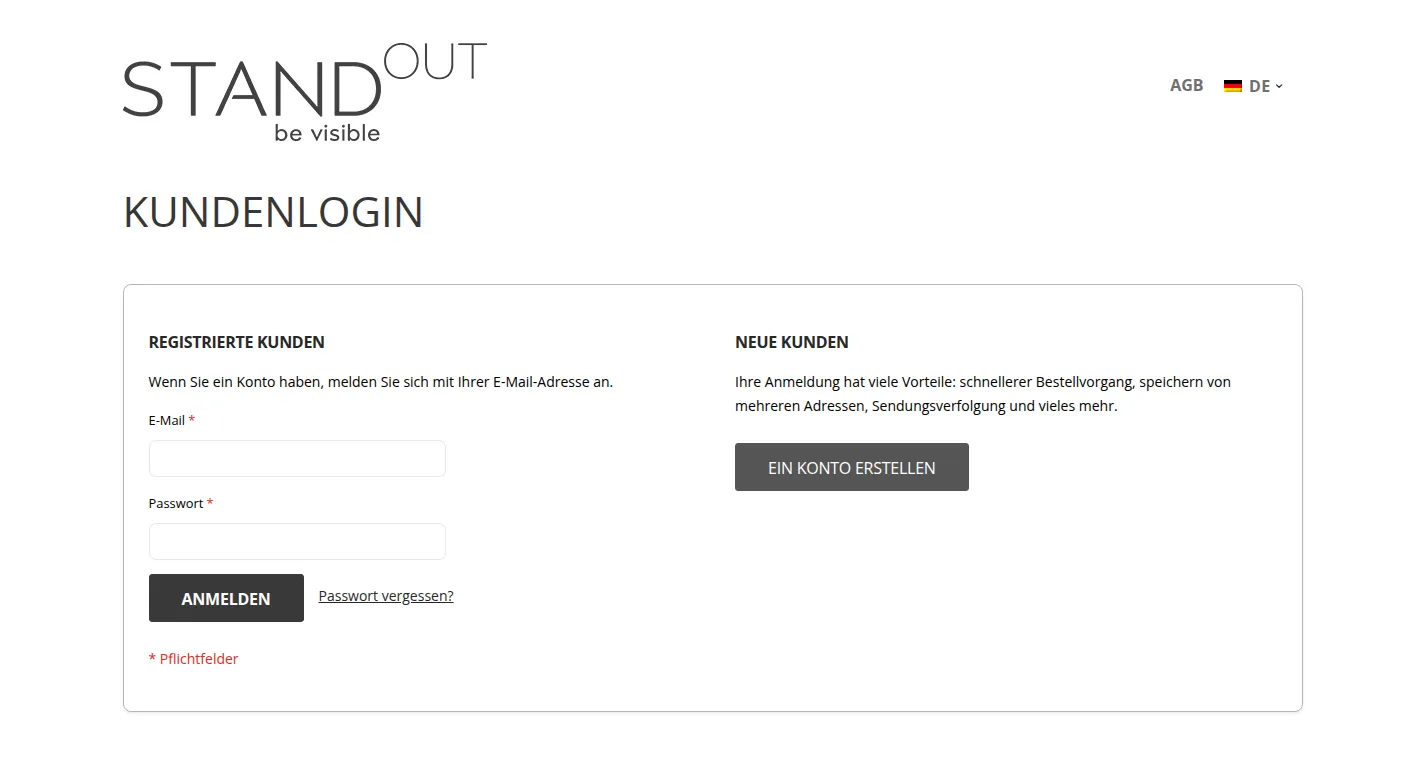 Kundenlogin von shop.standout.eu mit Anmeldung für registrierte Kunden und Registrierung für neue Kunden